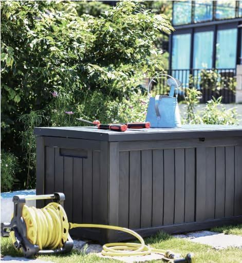60 Gallon Outdoor Storage Deck Box, 227L Resin Patio Storage Box with Lockable Lid, Waterproof-Look Rattan Deck Box for Cushions, Garden Tools, Pool Accessories, Toys, Patio, Garden and Porch