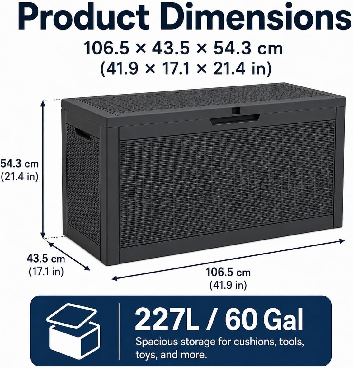 60 Gallon Outdoor Storage Deck Box, 227L Resin Patio Storage Box with Lockable Lid, Waterproof-Look Rattan Deck Box for Cushions, Garden Tools, Pool Accessories, Toys, Patio, Garden and Porch