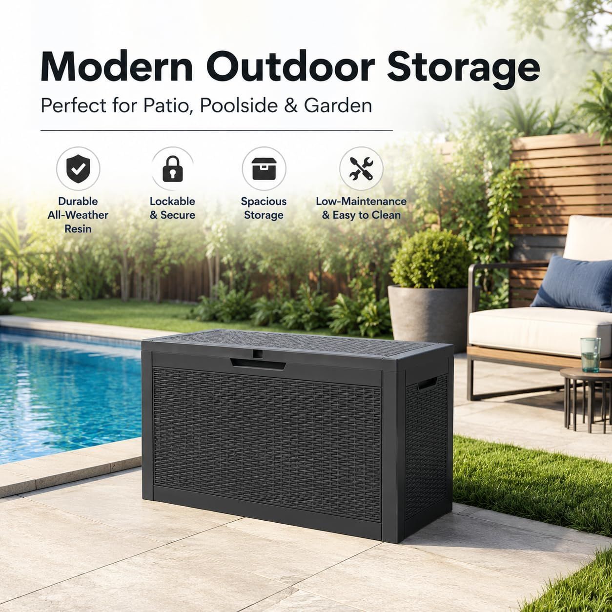 60 Gallon Outdoor Storage Deck Box, 227L Resin Patio Storage Box with Lockable Lid, Waterproof-Look Rattan Deck Box for Cushions, Garden Tools, Pool Accessories, Toys, Patio, Garden and Porch