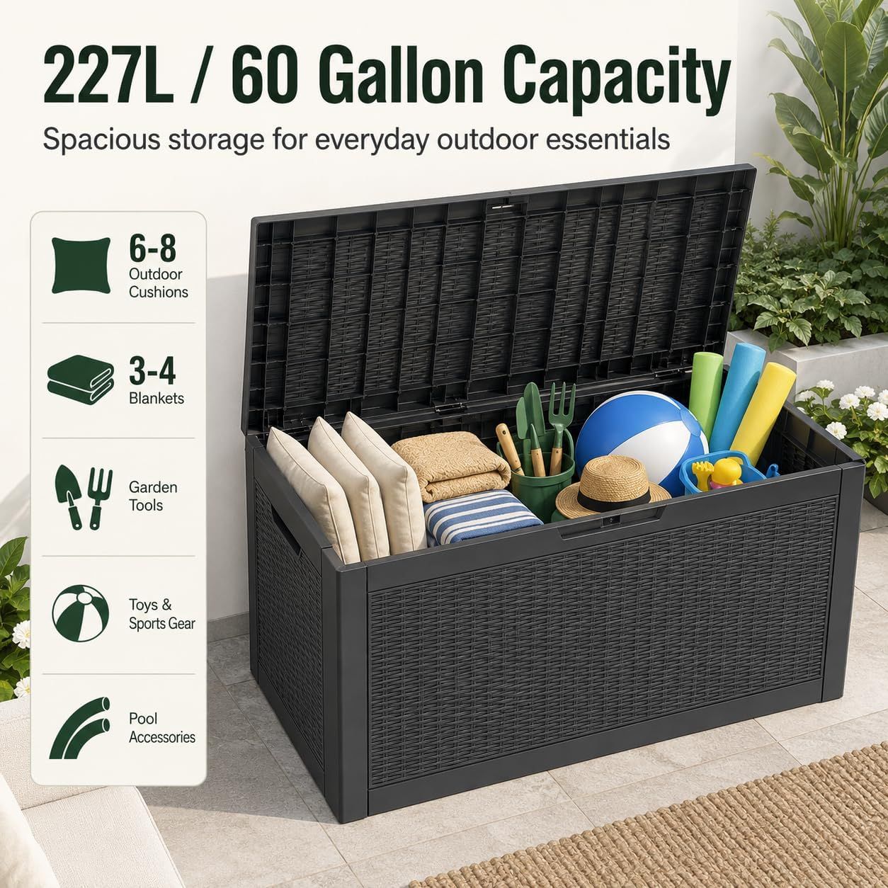 60 Gallon Outdoor Storage Deck Box, 227L Resin Patio Storage Box with Lockable Lid, Waterproof-Look Rattan Deck Box for Cushions, Garden Tools, Pool Accessories, Toys, Patio, Garden and Porch