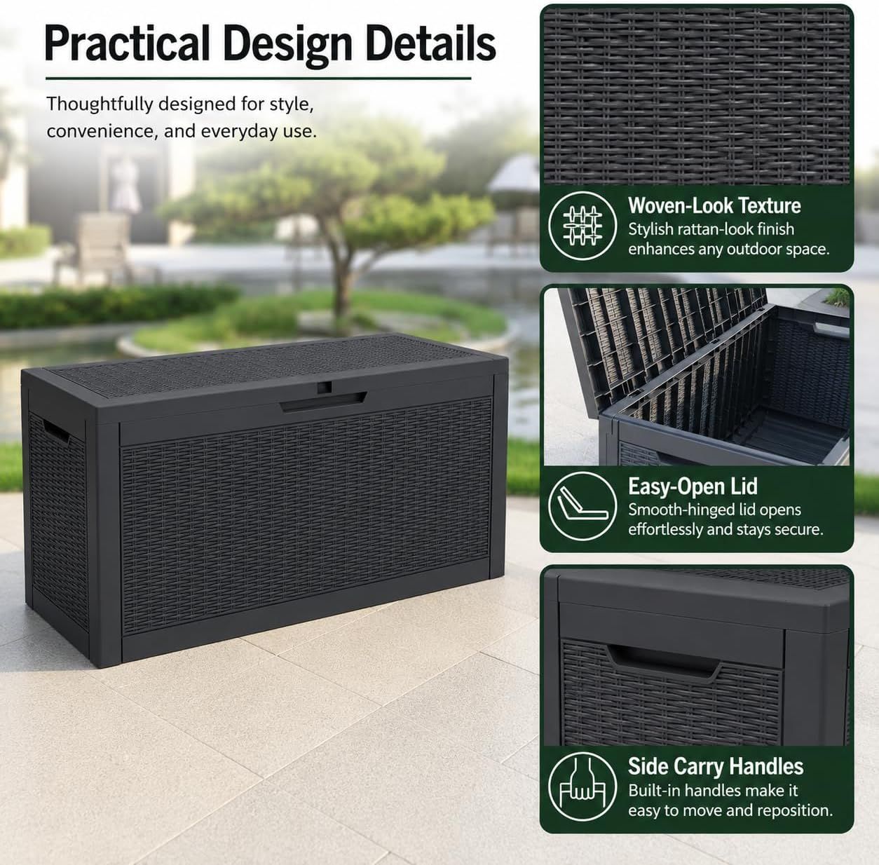 60 Gallon Outdoor Storage Deck Box, 227L Resin Patio Storage Box with Lockable Lid, Waterproof-Look Rattan Deck Box for Cushions, Garden Tools, Pool Accessories, Toys, Patio, Garden and Porch