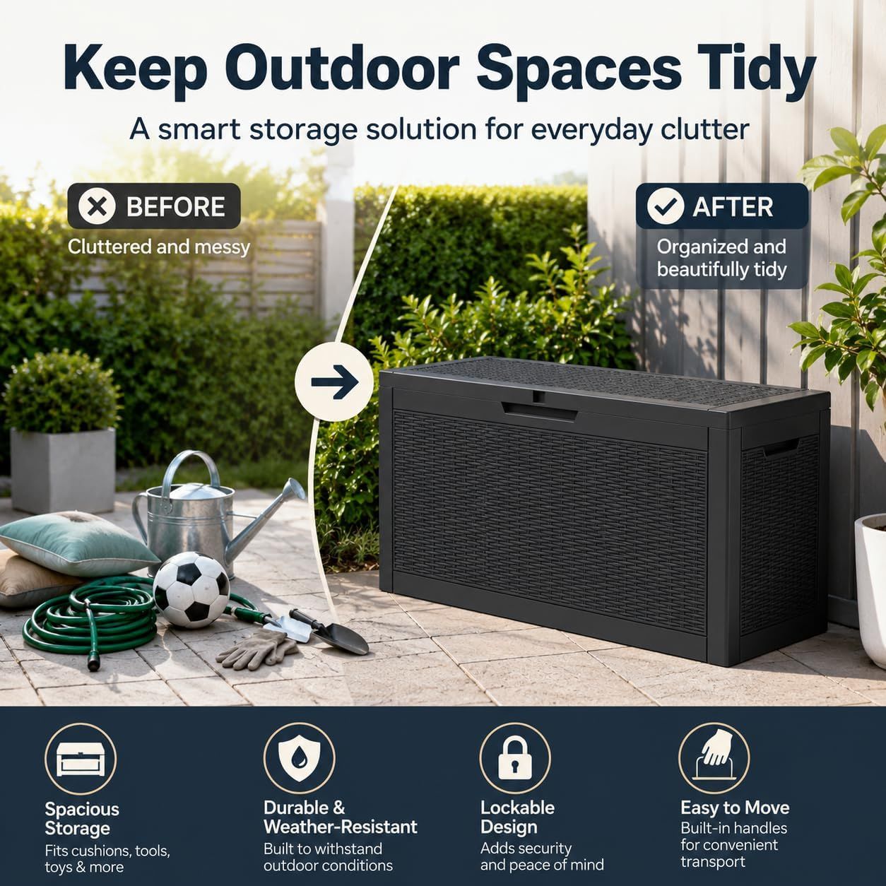 60 Gallon Outdoor Storage Deck Box, 227L Resin Patio Storage Box with Lockable Lid, Waterproof-Look Rattan Deck Box for Cushions, Garden Tools, Pool Accessories, Toys, Patio, Garden and Porch