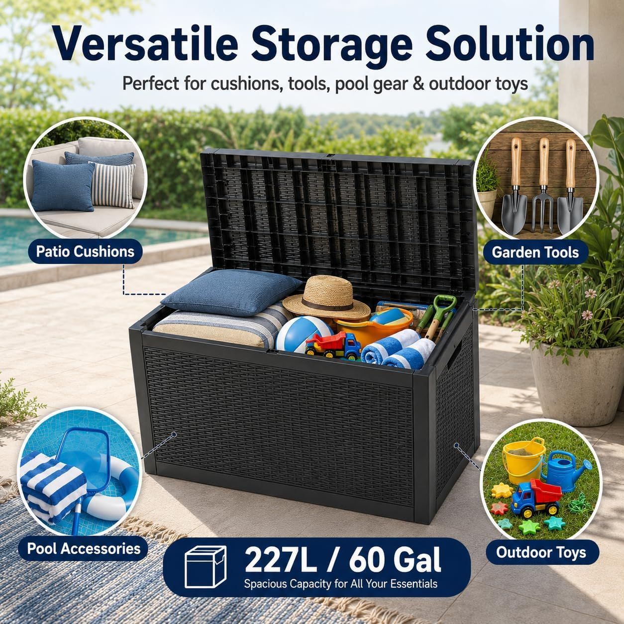60 Gallon Outdoor Storage Deck Box, 227L Resin Patio Storage Box with Lockable Lid, Waterproof-Look Rattan Deck Box for Cushions, Garden Tools, Pool Accessories, Toys, Patio, Garden and Porch
