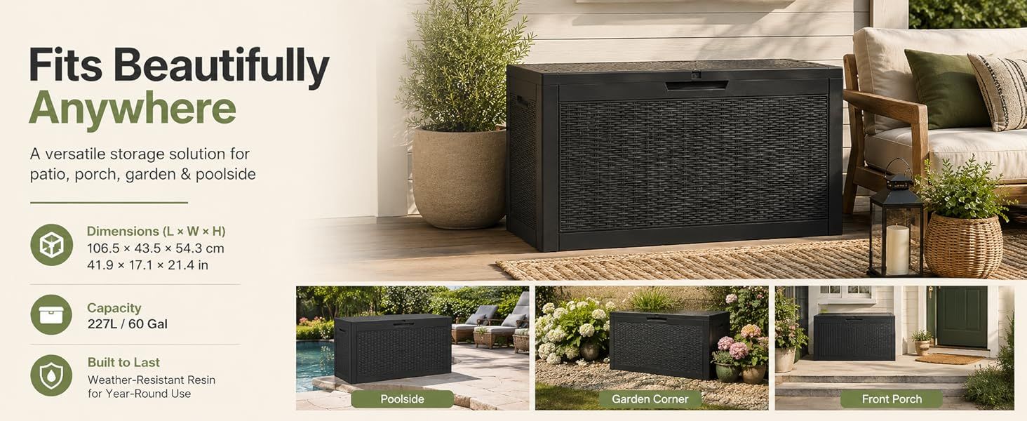 60 Gallon Outdoor Storage Deck Box, 227L Resin Patio Storage Box with Lockable Lid, Waterproof-Look Rattan Deck Box for Cushions, Garden Tools, Pool Accessories, Toys, Patio, Garden and Porch