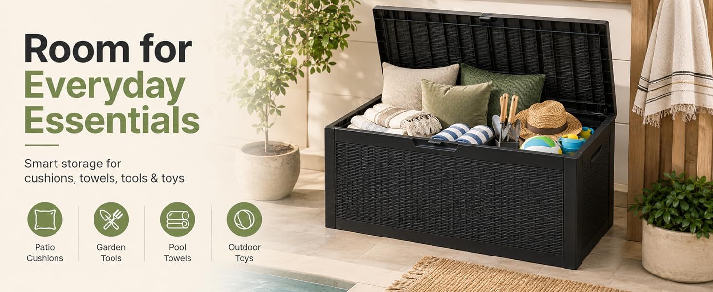 60 Gallon Outdoor Storage Deck Box, 227L Resin Patio Storage Box with Lockable Lid, Waterproof-Look Rattan Deck Box for Cushions, Garden Tools, Pool Accessories, Toys, Patio, Garden and Porch