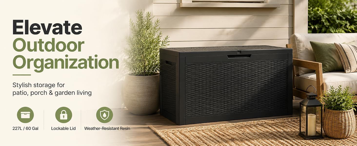 60 Gallon Outdoor Storage Deck Box, 227L Resin Patio Storage Box with Lockable Lid, Waterproof-Look Rattan Deck Box for Cushions, Garden Tools, Pool Accessories, Toys, Patio, Garden and Porch