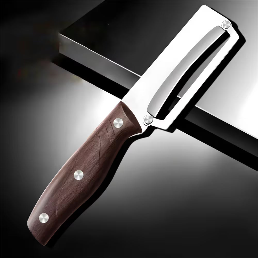 Heavy-duty stainless steel vegetable peeler and slicer - multi-functional kitchen tool with straight blade and ergonomic non-slip handle.