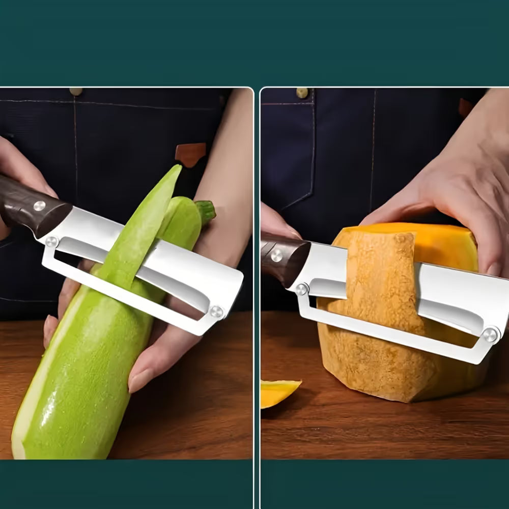 Heavy-duty stainless steel vegetable peeler and slicer - multi-functional kitchen tool with straight blade and ergonomic non-slip handle.