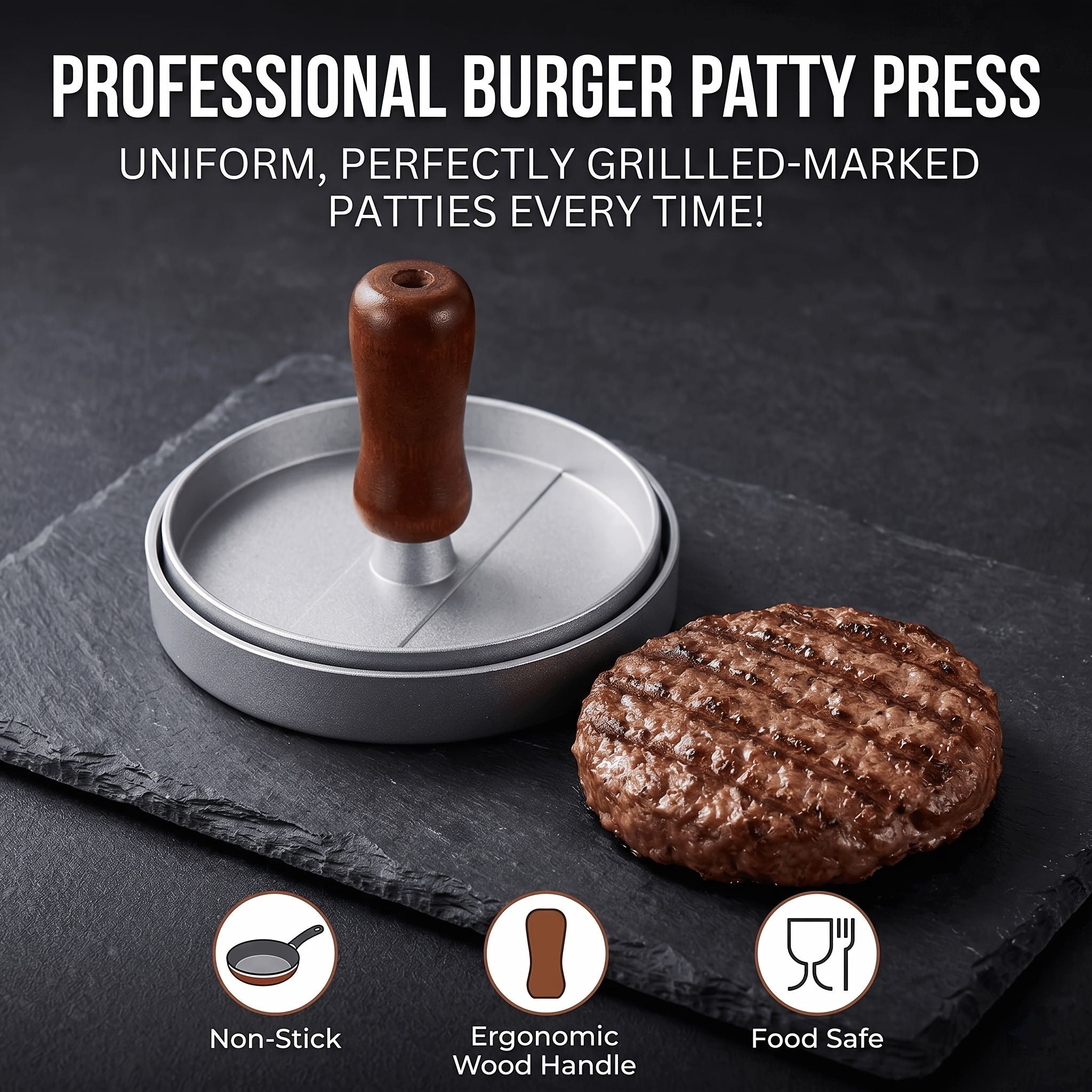 Professional 4.6-inch aluminum burger patty maker with ergonomic wooden handle, non-stick burger patty maker, suitable for grilling, heavy-duty manual patty press, suitable for beef, poultry and veggie burgers, easy-to-clean outdoor grill pan.