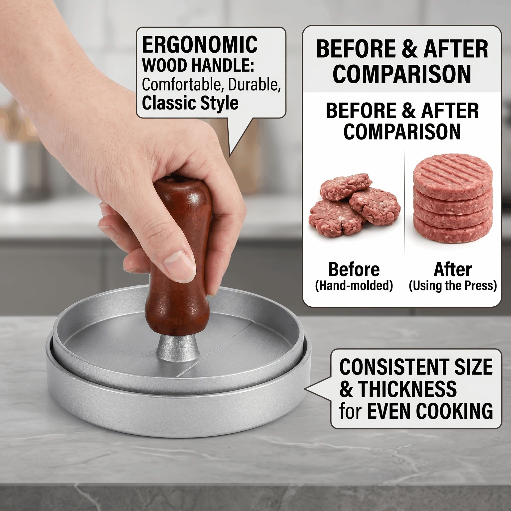 Professional 4.6-inch aluminum burger patty maker with ergonomic wooden handle, non-stick burger patty maker, suitable for grilling, heavy-duty manual patty press, suitable for beef, poultry and veggie burgers, easy-to-clean outdoor grill pan.