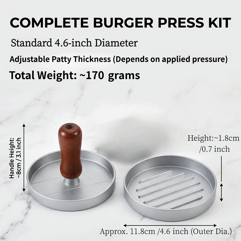 Professional 4.6-inch aluminum burger patty maker with ergonomic wooden handle, non-stick burger patty maker, suitable for grilling, heavy-duty manual patty press, suitable for beef, poultry and veggie burgers, easy-to-clean outdoor grill pan.