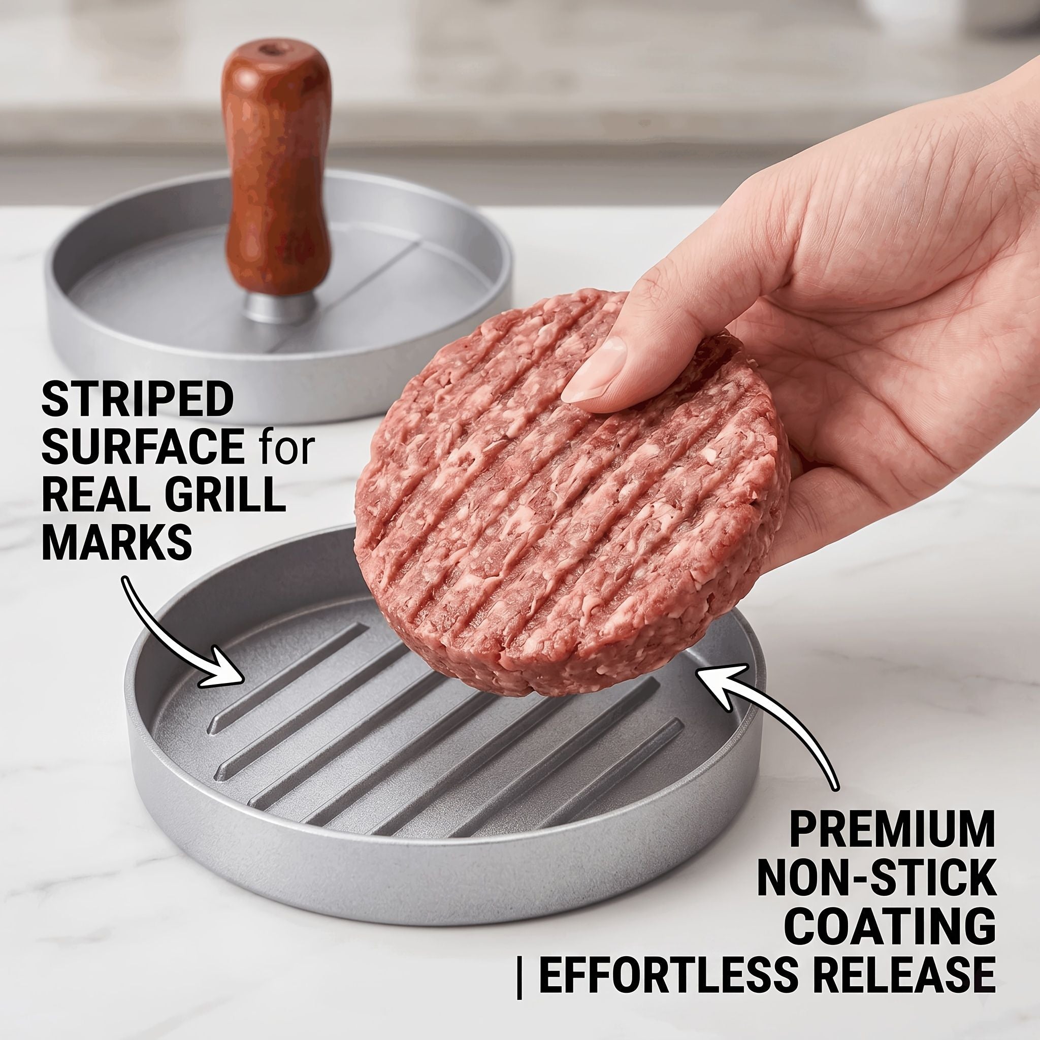 Professional 4.6-inch aluminum burger patty maker with ergonomic wooden handle, non-stick burger patty maker, suitable for grilling, heavy-duty manual patty press, suitable for beef, poultry and veggie burgers, easy-to-clean outdoor grill pan.
