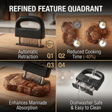 Heavy-duty meat tenderizer with 48 stainless steel needles and a locking mechanism – suitable for tenderizing steaks, beef, pork, turkey, fish, and poultry. Can be used with marinades. The black ABS handle is designed for professional kitchens.