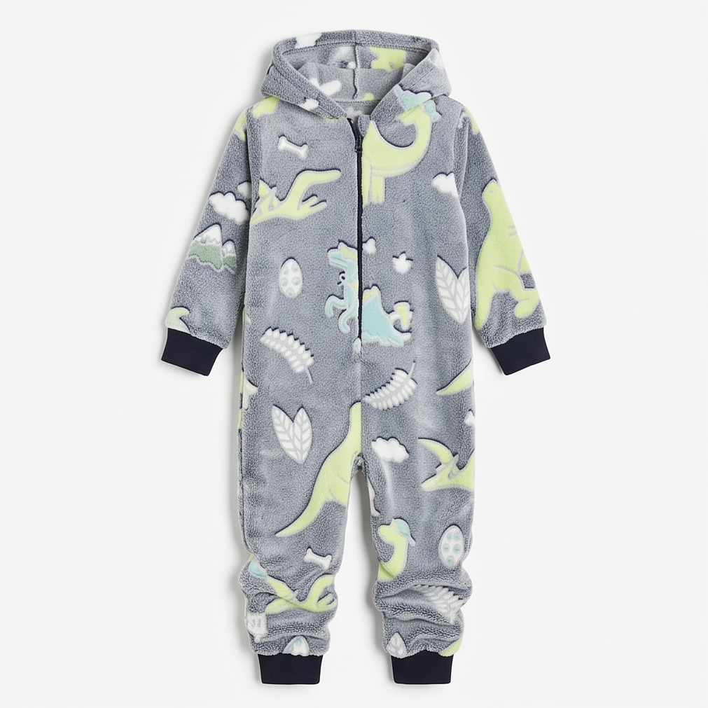 Kids Hooded Onesie - Coral Fleece 220 GSM - Grey Dinosaur - Unisex Size 4