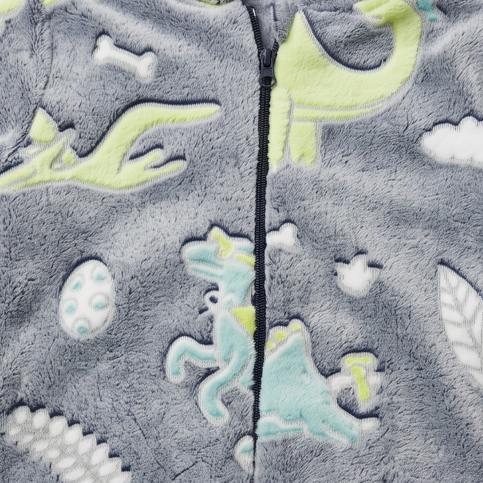 Kids Hooded Onesie - Coral Fleece 220 GSM - Grey Dinosaur - Unisex Size 4