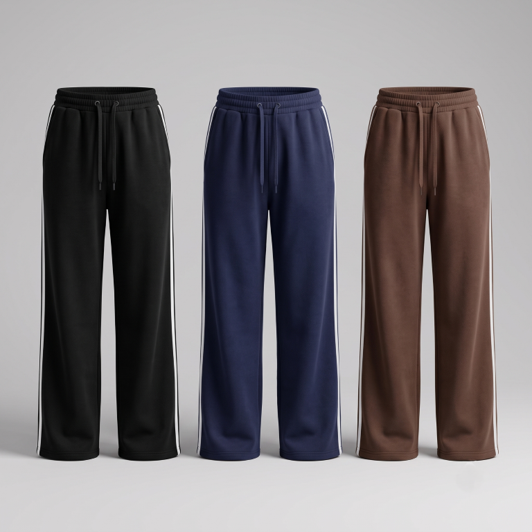 Ladies Extra Wide Leg Track Pants - Size Medium - Pack of 3 - Black, Navy, Brown with white stripes