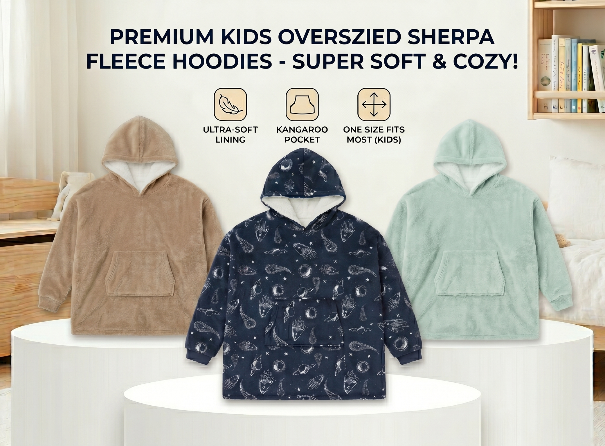 Kids Oversized Giant Wearable Blanket Hoodie Sherpa Fleece Sweatshirt Pullover - Solid Beige Colour - One Size Fits All (AU/EU)