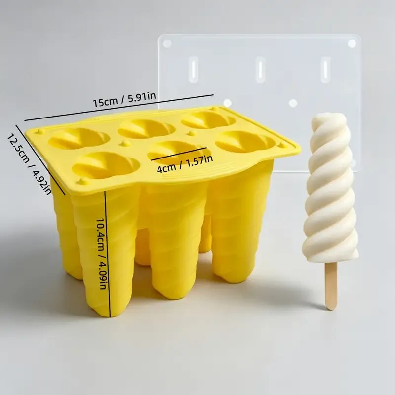✨ 6-Cavity Spiral Ice Block Mould | Food-Grade Silicone + Dust Covers | Easy Release, Freezer Safe, Perfect for Yogurt Pops & Summer DIY!/YELLOW