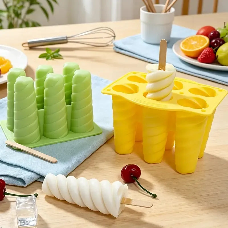 ✨ 6-Cavity Spiral Ice Block Mould | Food-Grade Silicone + Dust Covers | Easy Release, Freezer Safe, Perfect for Yogurt Pops & Summer DIY!/white