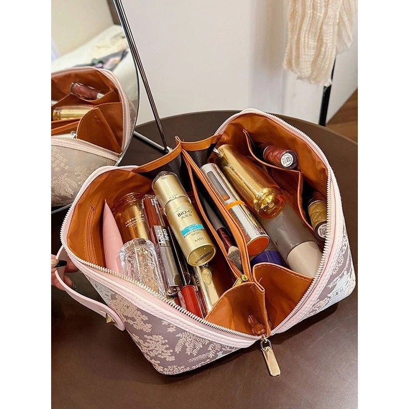 ✨ Large Capacity 3D Makeup Bag | Jacquard Fabric + Metal Zipper | Multi-Compartment Organizer, Fits Full Skincare & Makeup for Commute & Travel!/silver gray
