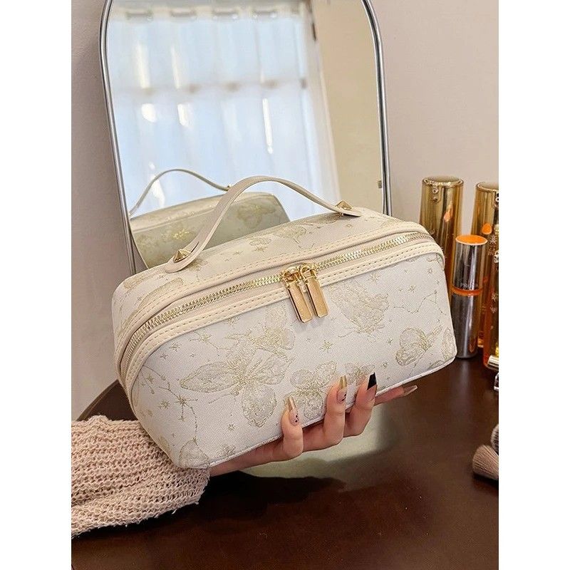 ✨ Large Capacity 3D Makeup Bag | Jacquard Fabric + Metal Zipper | Multi-Compartment Organizer, Fits Full Skincare & Makeup for Commute & Travel!/silver gray