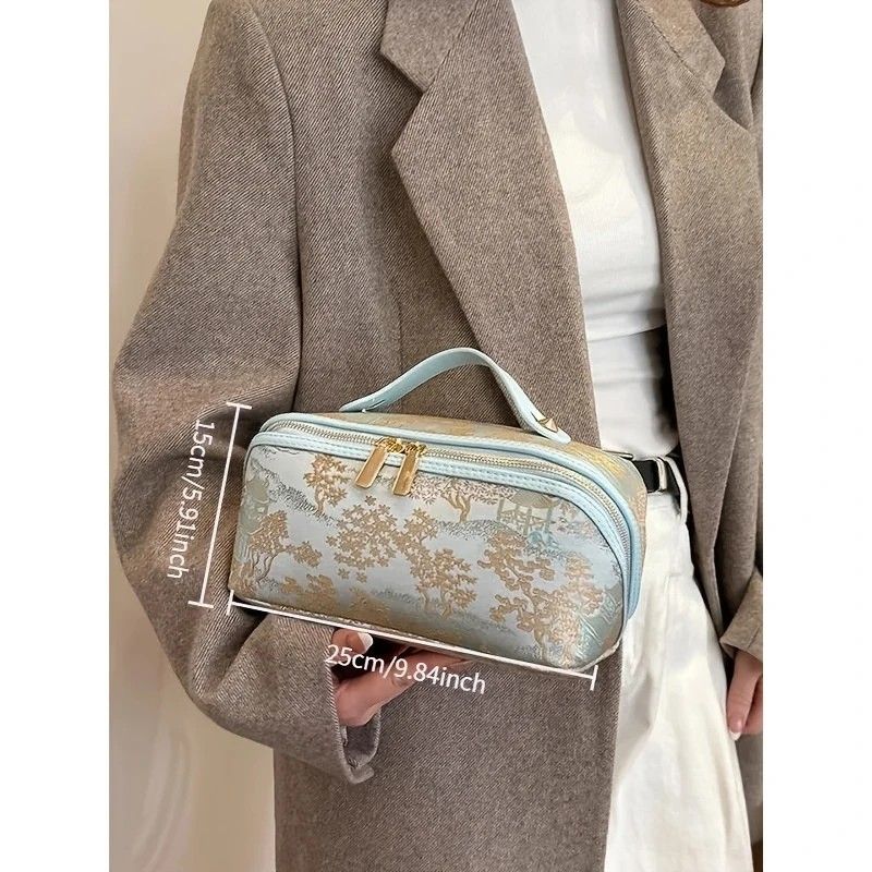 ✨ Large Capacity 3D Makeup Bag | Jacquard Fabric + Metal Zipper | Multi-Compartment Organizer, Fits Full Skincare & Makeup for Commute & Travel!/silver gray