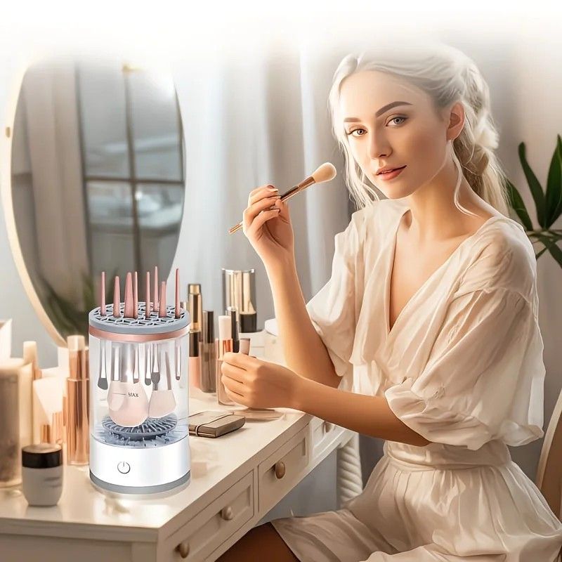 ✨ Dual-Effect Makeup Brush Cleaner | Vertical & Textured Slots | Auto-Rotating Gentle Care, Wash-Dry-Store in One, Deep Cleans Foundation & Eyeshadow Brushes!