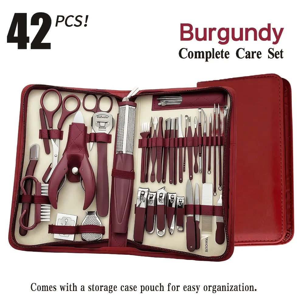 ✨ 42-Piece Stainless Steel Manicure & Pedicure Set | Sharp & Rust-Resistant | Classic Leather Case, Perfect for Thick Toenails, Ideal Gift for Men & Women/wine red