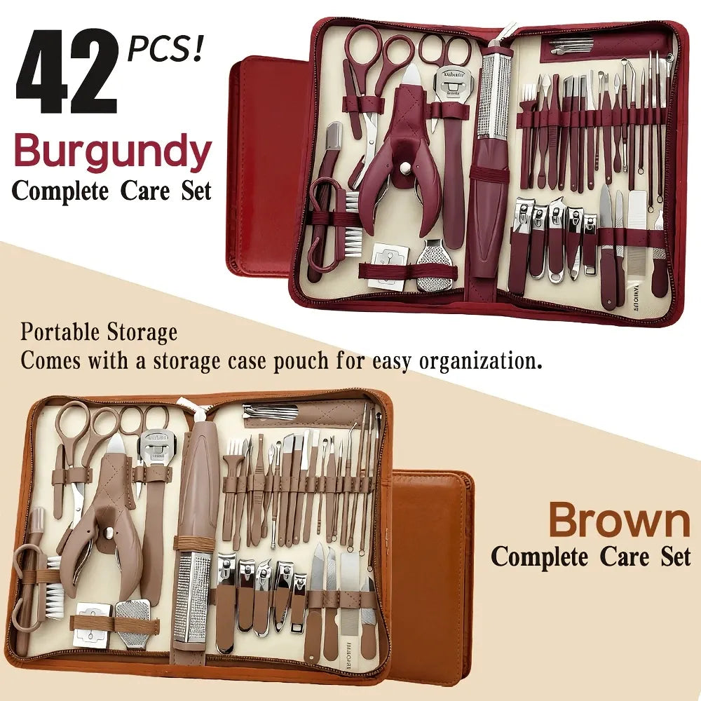 ✨ 42-Piece Stainless Steel Manicure & Pedicure Set | Sharp & Rust-Resistant | Classic Leather Case, Perfect for Thick Toenails, Ideal Gift for Men & Women/wine red