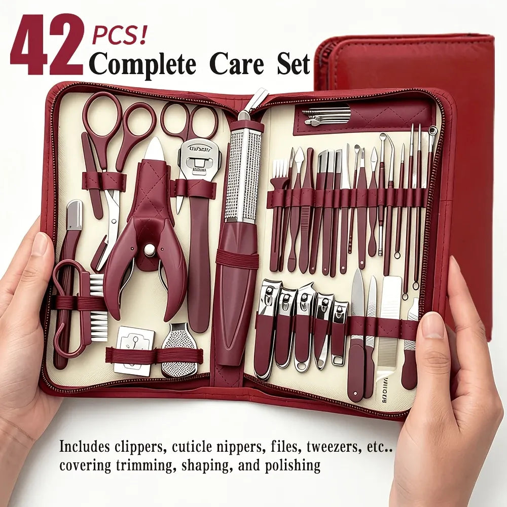 ✨ 42-Piece Stainless Steel Manicure & Pedicure Set | Sharp & Rust-Resistant | Classic Leather Case, Perfect for Thick Toenails, Ideal Gift for Men & Women/wine red