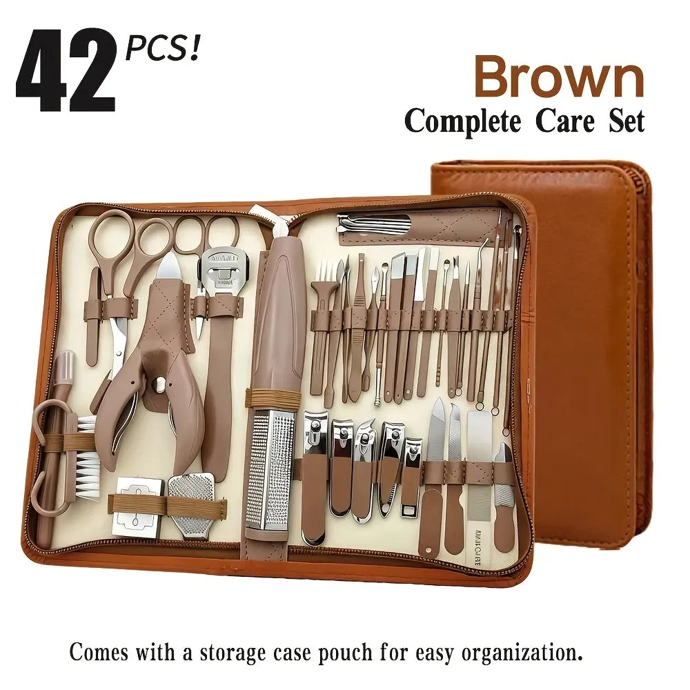 ✨ 42-Piece Stainless Steel Manicure & Pedicure Set | Sharp & Rust-Resistant | Classic Leather Case, Perfect for Thick Toenails, Ideal Gift for Men & Women/wine red