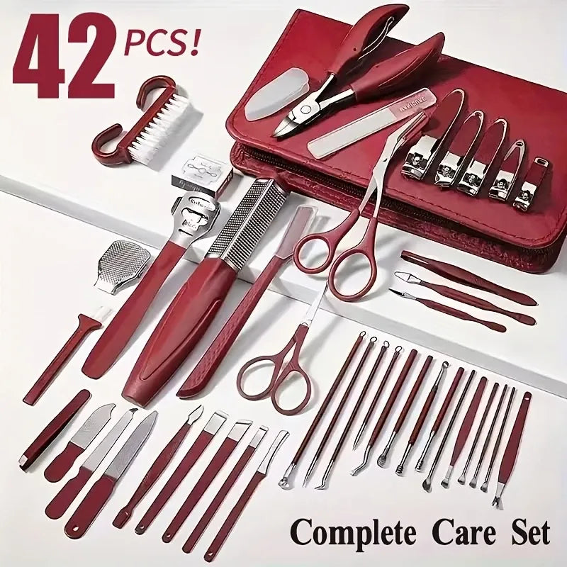 ✨ 42-Piece Stainless Steel Manicure & Pedicure Set | Sharp & Rust-Resistant | Classic Leather Case, Perfect for Thick Toenails, Ideal Gift for Men & Women/BROWN