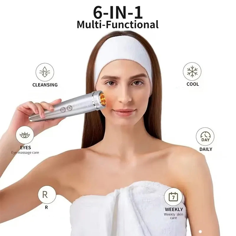✨ 6-in-1 Hot & Cold Facial Massager | Thermal/Cooling Therapy + Red & Blue Light + 3 Intensity Levels | Magnetic Charging, Full Face, Eye & Neck Care for Radiant V-Lift!/WHITE