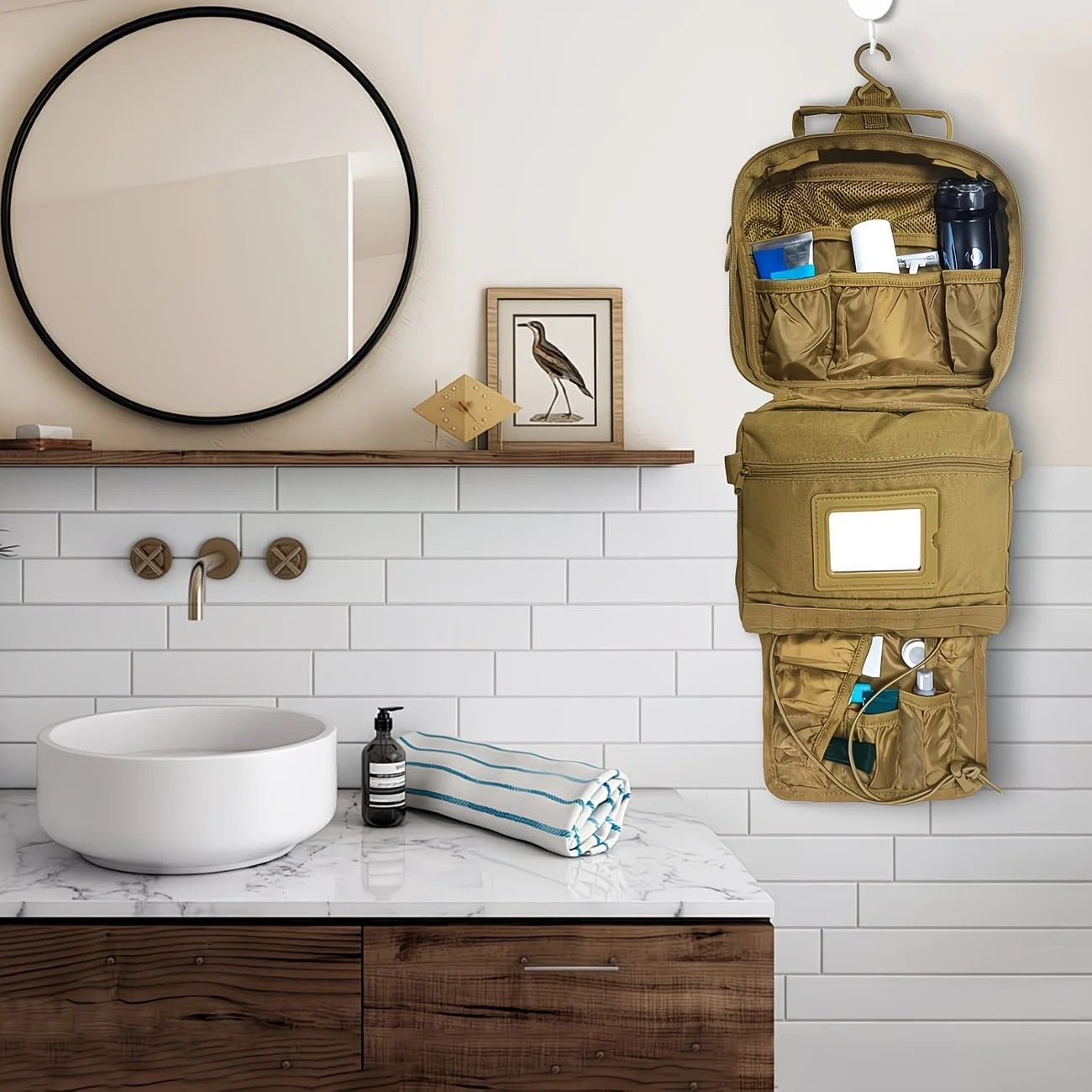✨ Army Green Hanging Toiletry Bag | 8+ Compartments + Built-in Mirror | Double Zippers & Hook, Lightweight Water-Resistant for Travel, Gym & Bathroom!/brown