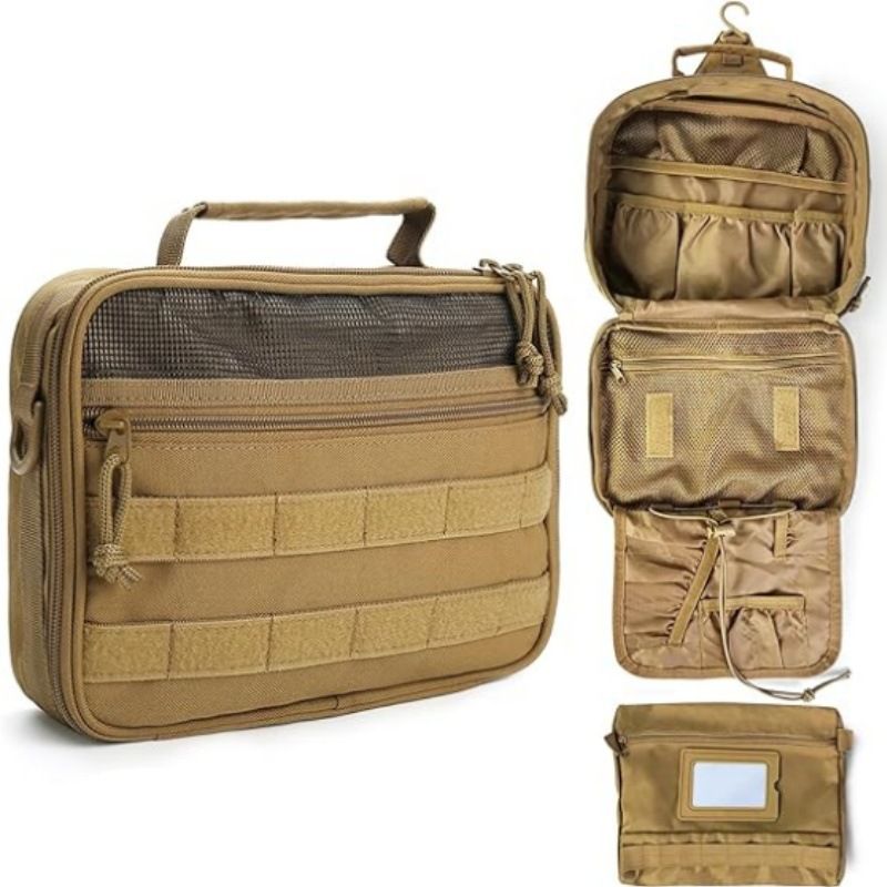 ✨ Army Green Hanging Toiletry Bag | 8+ Compartments + Built-in Mirror | Double Zippers & Hook, Lightweight Water-Resistant for Travel, Gym & Bathroom!/black