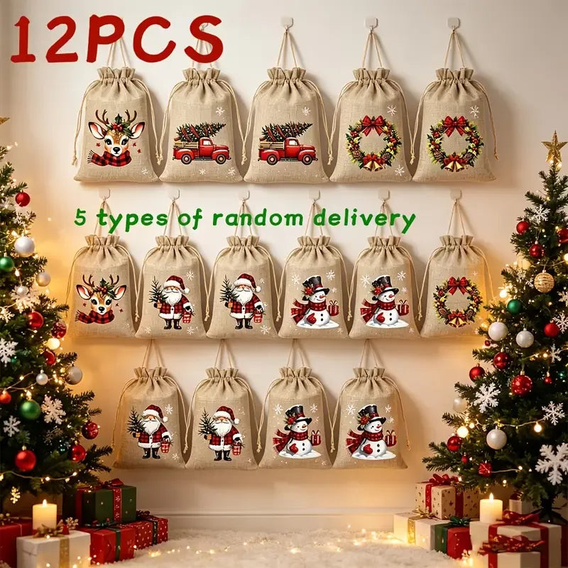 ✨ 12-Pack Christmas Hessian Drawstring Gift Bags | 5 Classic Festive Designs | Natural Jute, Reinforced Strings, Perfect for Candy, Jewelry & Stocking Stuffers!