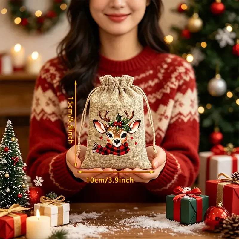 ✨ 12-Pack Christmas Hessian Drawstring Gift Bags | 5 Classic Festive Designs | Natural Jute, Reinforced Strings, Perfect for Candy, Jewelry & Stocking Stuffers!