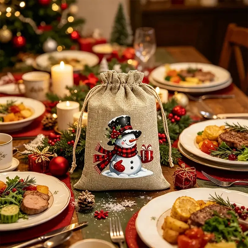 ✨ 12-Pack Christmas Hessian Drawstring Gift Bags | 5 Classic Festive Designs | Natural Jute, Reinforced Strings, Perfect for Candy, Jewelry & Stocking Stuffers!