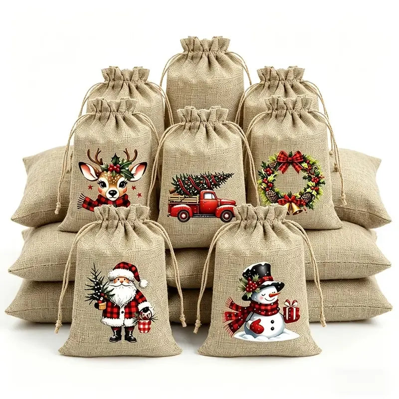 ✨ 12-Pack Christmas Hessian Drawstring Gift Bags | 5 Classic Festive Designs | Natural Jute, Reinforced Strings, Perfect for Candy, Jewelry & Stocking Stuffers!