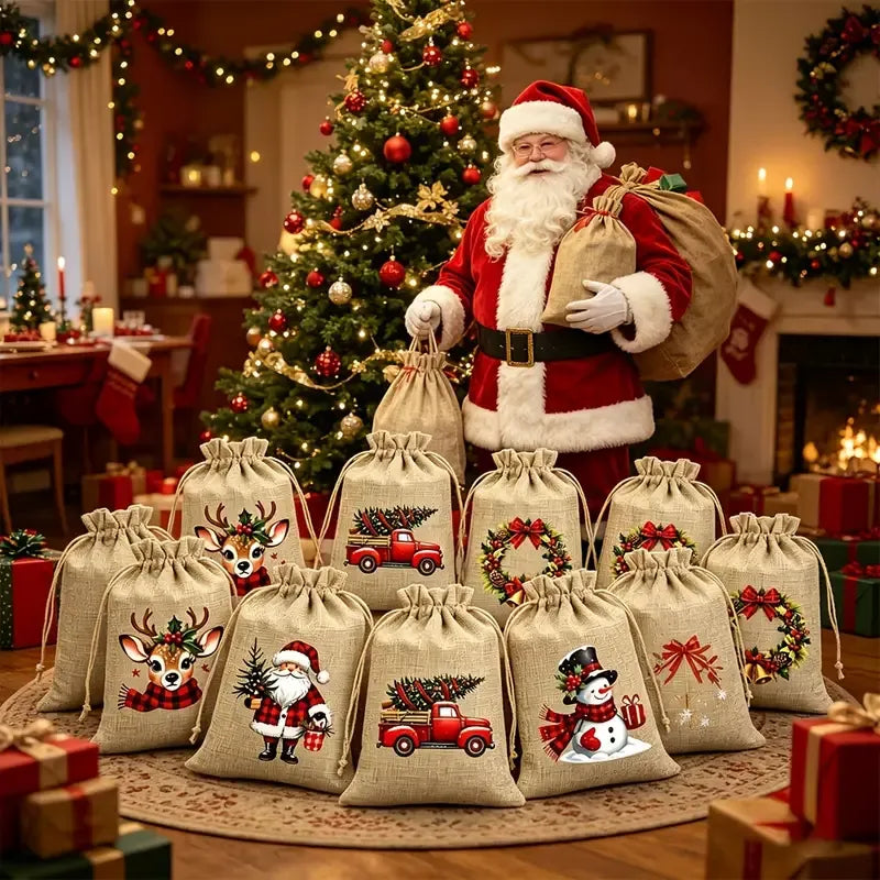 ✨ 12-Pack Christmas Hessian Drawstring Gift Bags | 5 Classic Festive Designs | Natural Jute, Reinforced Strings, Perfect for Candy, Jewelry & Stocking Stuffers!