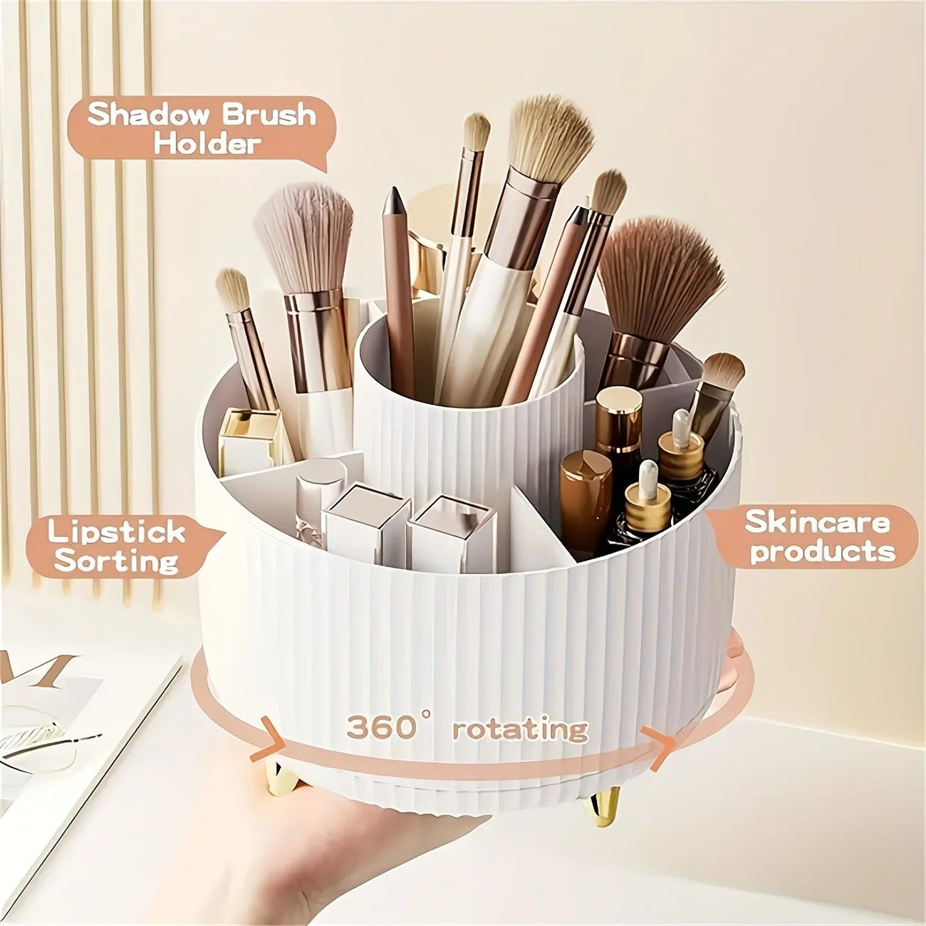 ✨ 360° Rotating Multi-Purpose Organizer | Multi-Layer Compartments & Non-Slip Base | Thickened Stripe Design, Perfect for Makeup, Desk & Car Storage/white