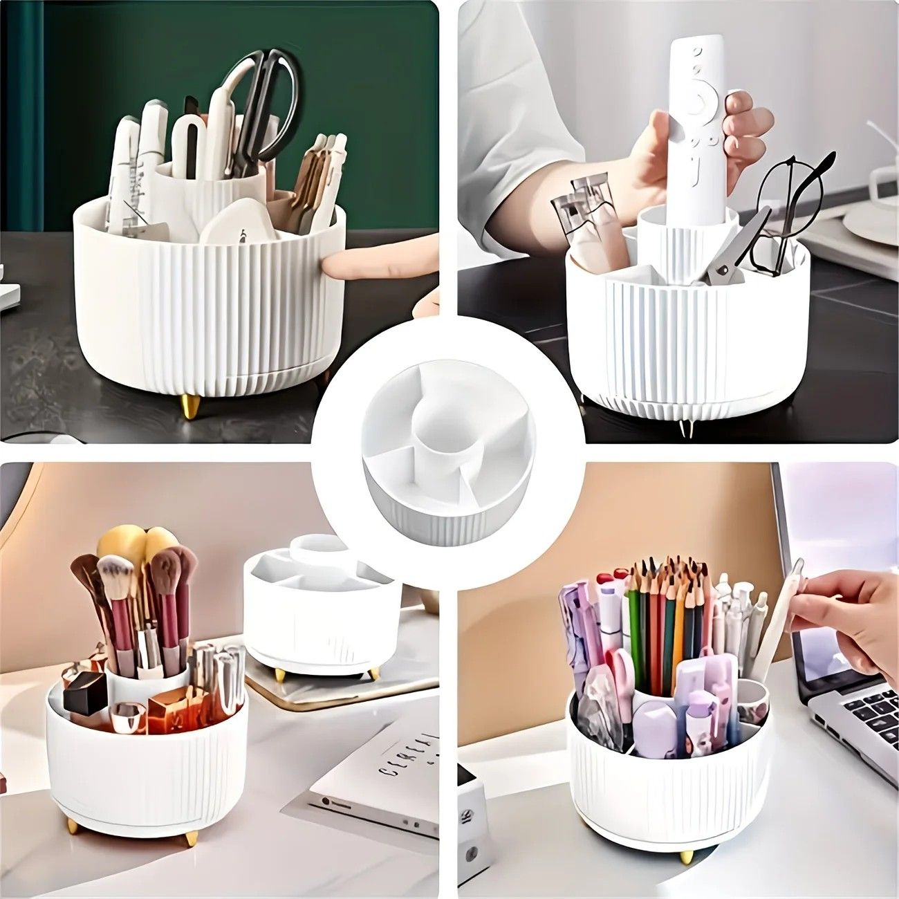 ✨ 360° Rotating Multi-Purpose Organizer | Multi-Layer Compartments & Non-Slip Base | Thickened Stripe Design, Perfect for Makeup, Desk & Car Storage/white