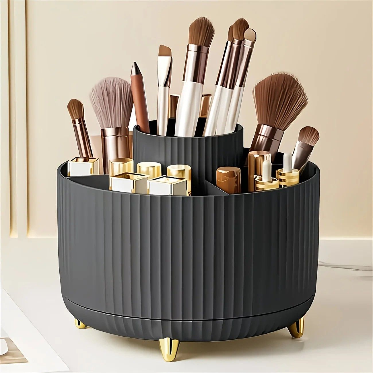 ✨ 360° Rotating Multi-Purpose Organizer | Multi-Layer Compartments & Non-Slip Base | Thickened Stripe Design, Perfect for Makeup, Desk & Car Storage/white