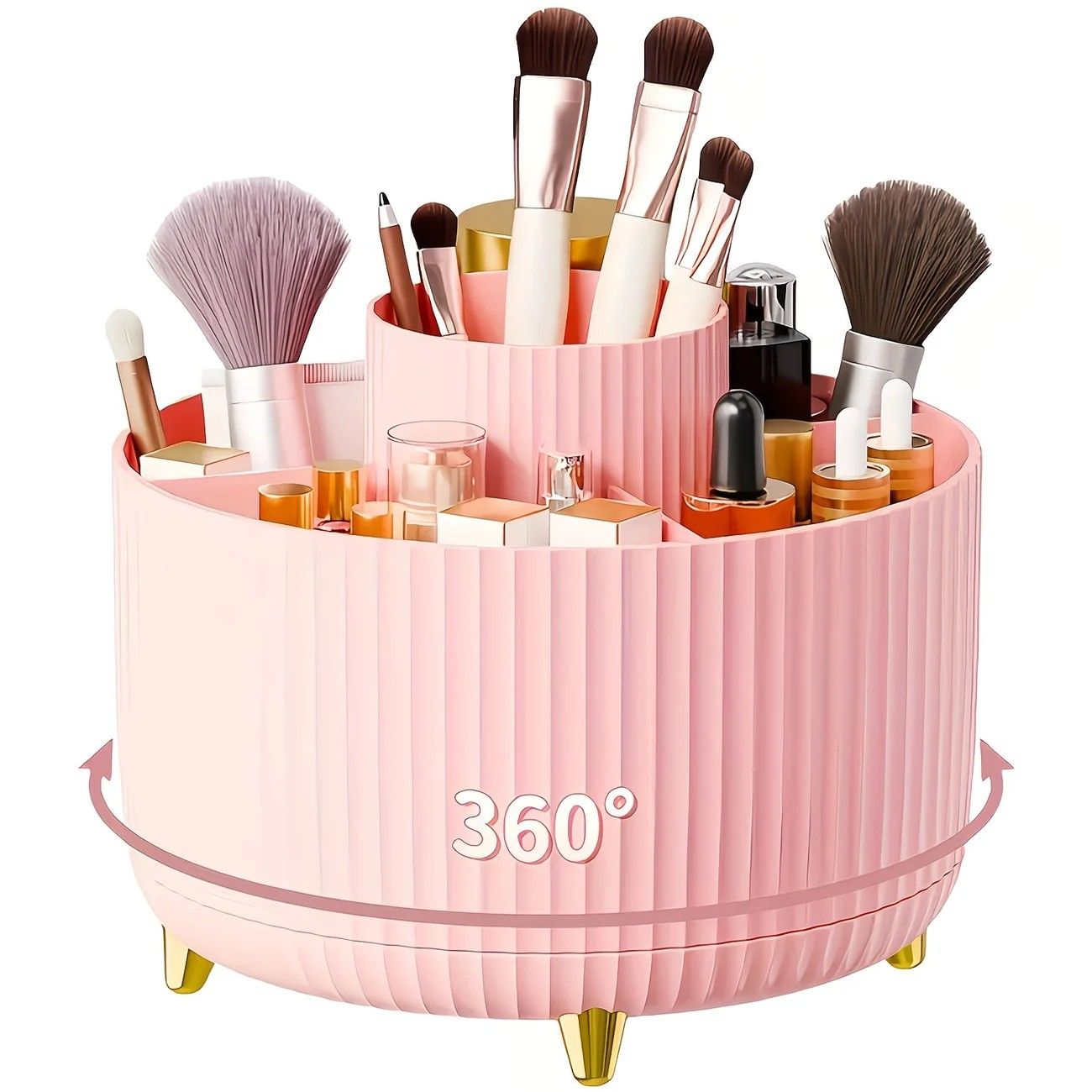 ✨ 360° Rotating Multi-Purpose Organizer | Multi-Layer Compartments & Non-Slip Base | Thickened Stripe Design, Perfect for Makeup, Desk & Car Storage/white