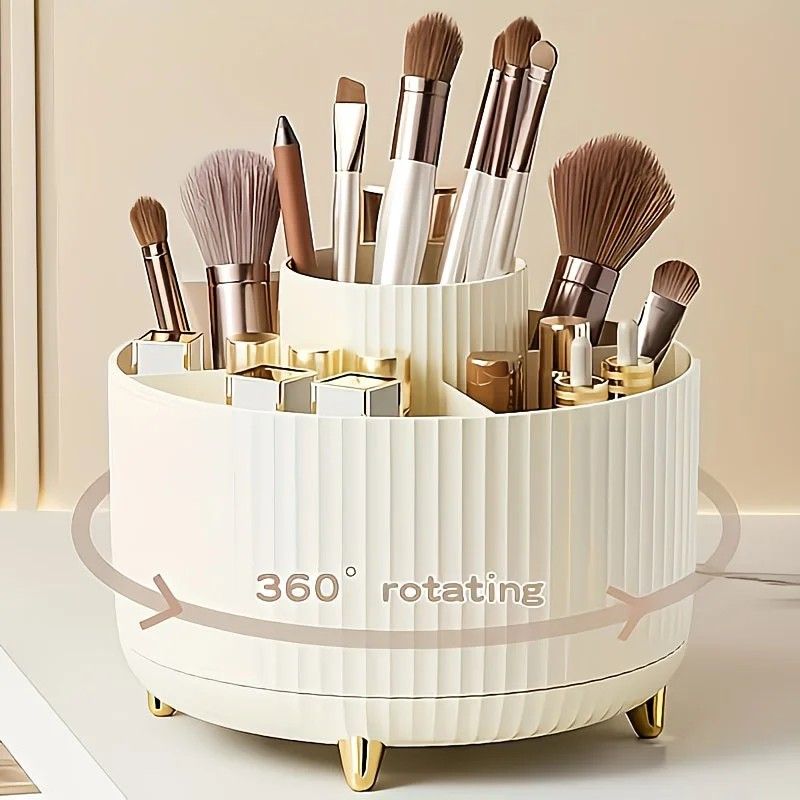 ✨ 360° Rotating Multi-Purpose Organizer | Multi-Layer Compartments & Non-Slip Base | Thickened Stripe Design, Perfect for Makeup, Desk & Car Storage/PINK