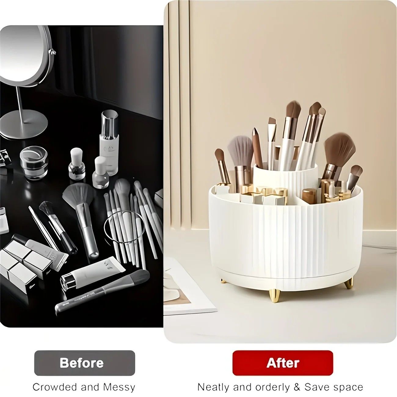 ✨ 360° Rotating Multi-Purpose Organizer | Multi-Layer Compartments & Non-Slip Base | Thickened Stripe Design, Perfect for Makeup, Desk & Car Storage/BLACK