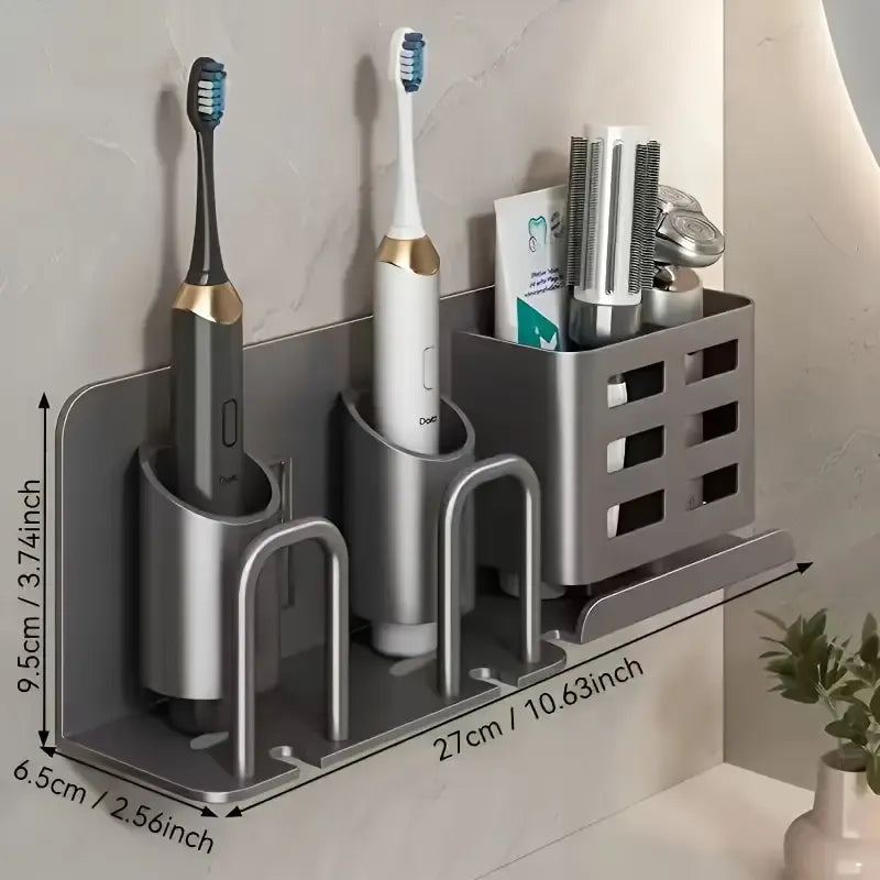 ✨ 2nd Gen Space Aluminium Toothbrush Holder | Drill-Free PLUS Upgrade | Large Capacity, Bottom Drainage, Strong Adhesive for a Clutter-Free Bathroom!/There is no cup for two people (nail-free installation)
