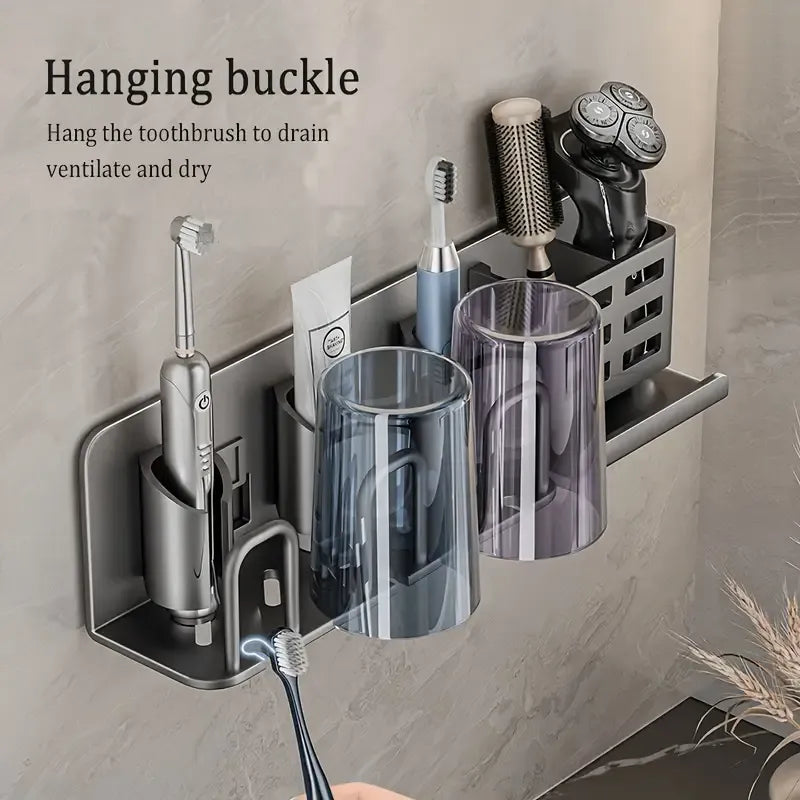 ✨ 2nd Gen Space Aluminium Toothbrush Holder | Drill-Free PLUS Upgrade | Large Capacity, Bottom Drainage, Strong Adhesive for a Clutter-Free Bathroom!/There is no cup for two people (nail-free installation)