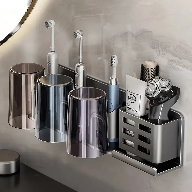 ✨ 2nd Gen Space Aluminium Toothbrush Holder | Drill-Free PLUS Upgrade | Large Capacity, Bottom Drainage, Strong Adhesive for a Clutter-Free Bathroom!/There is no cup for two people (nail-free installation)