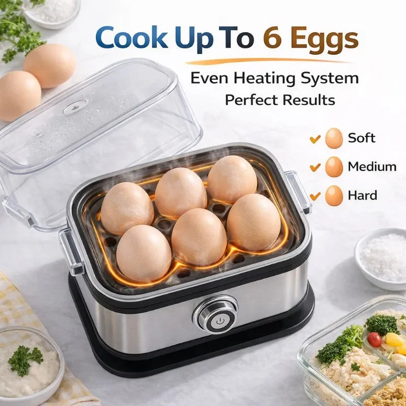✨ Stainless Steel Electric Egg Cooker | Clear Lid + 6-Egg Capacity | Timer Control for Soft/Medium/Hard Boiled, Steams Veggies & Dumplings, Perfect Breakfast Maker!